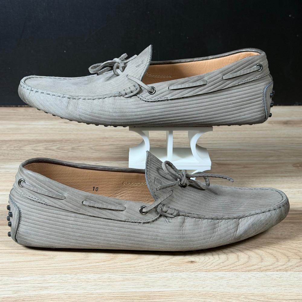 Tod's Gommino Driving Shoes Mens Size 11.5 Grey Leather Ribbed Suede Loafers